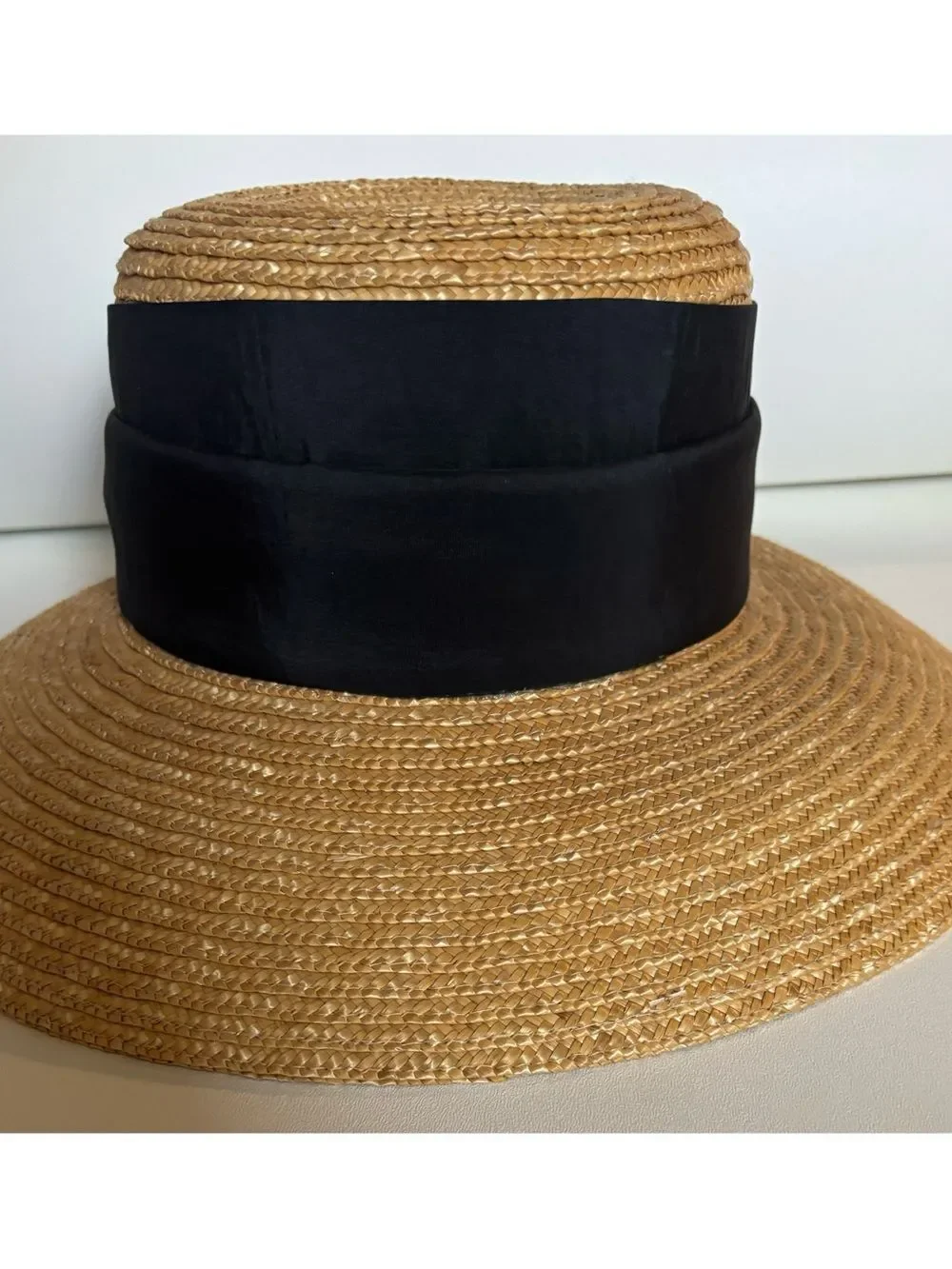 Vintage Giovannio Classic Straw Boater Hat ~ Dupioni Silk Ribbon Bow